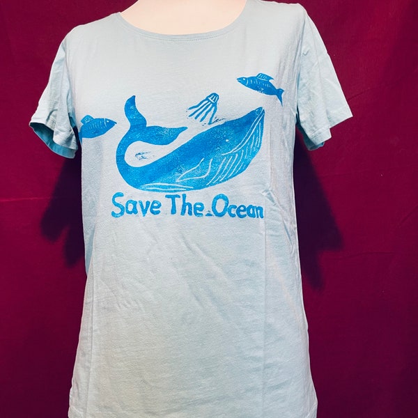 T-Shirt M 40 Linocut Fish Art Maritime Print Unique Sea Eco Save The Ocean