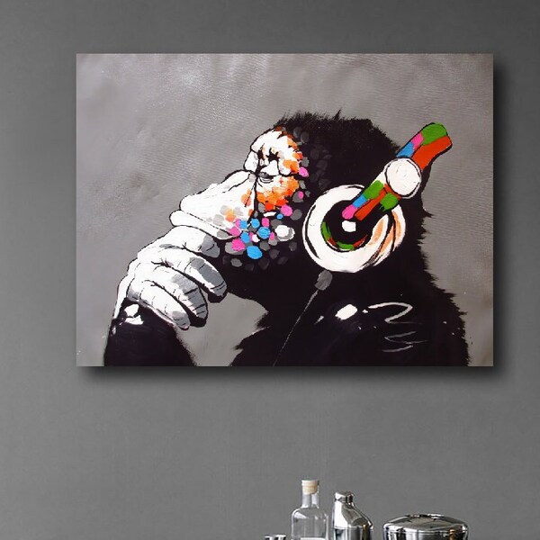 Banksy Thinking Monkey, Banksy Wall Art, Monkey Art, Graffiti Wall Art, Framed Canvas, DJ Gorilla Thinker Wall Art, Graffiti Funny Animal,