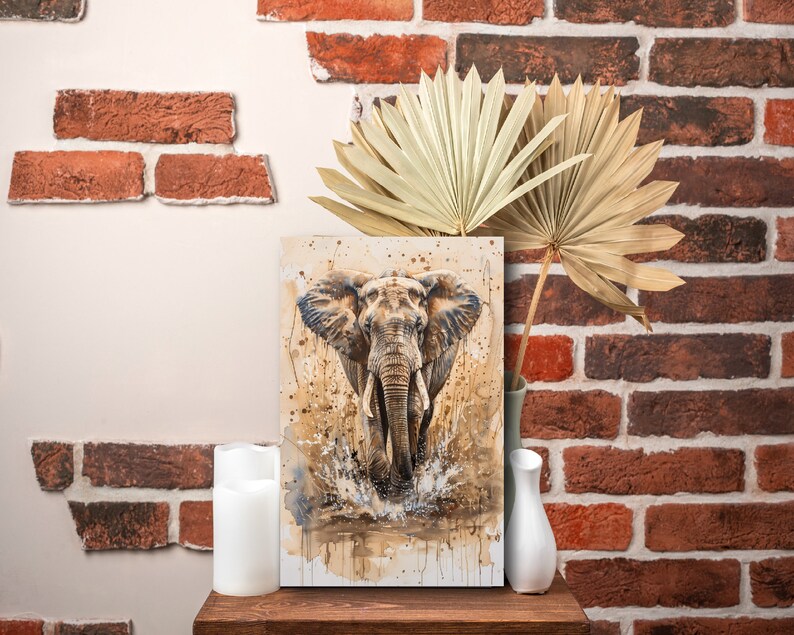 Watercolor Elephant Canvas Painting Poster Print, Wildlife Art