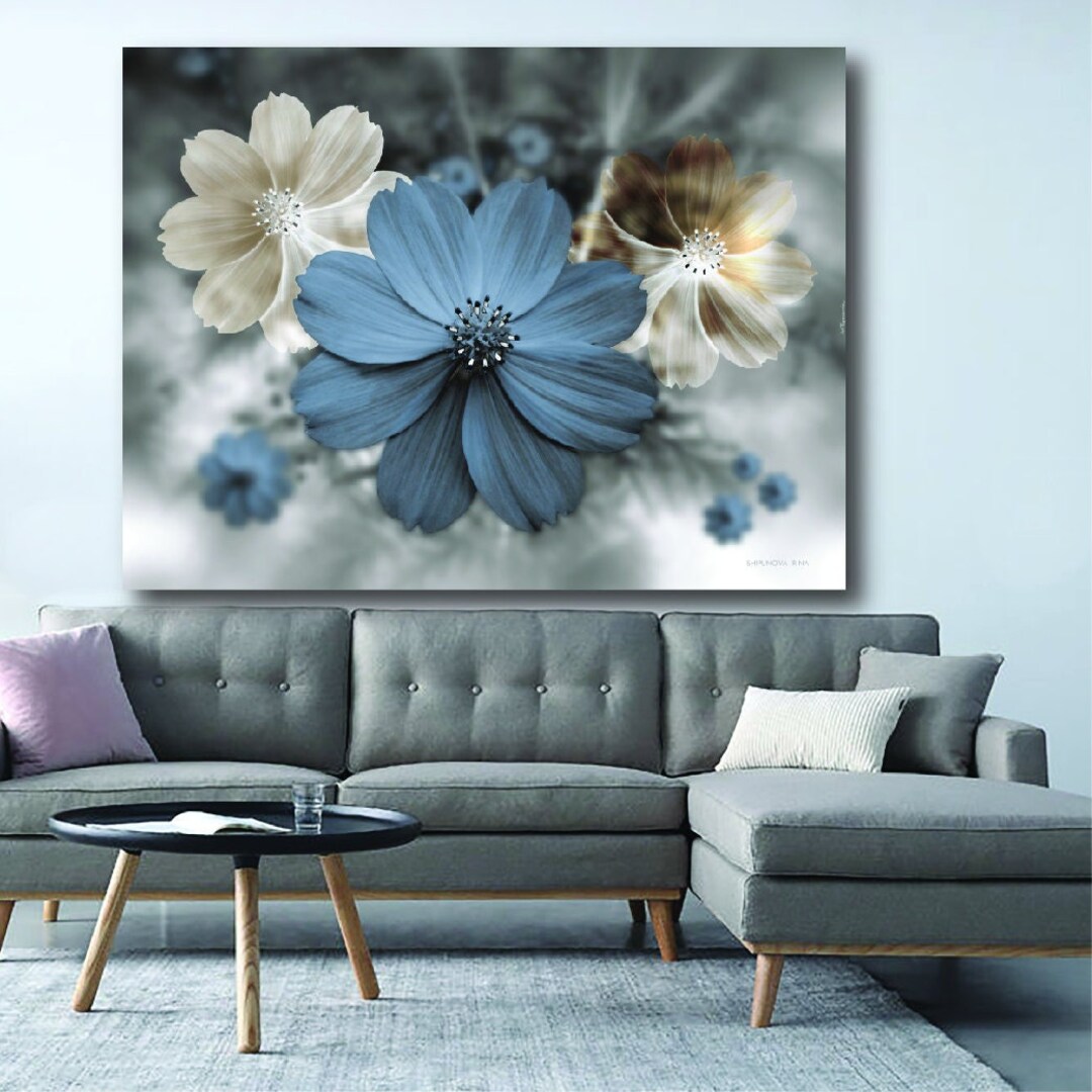 Abstract Modern Flower, Wall Art Poster, Large Blue Botanical Flower ...