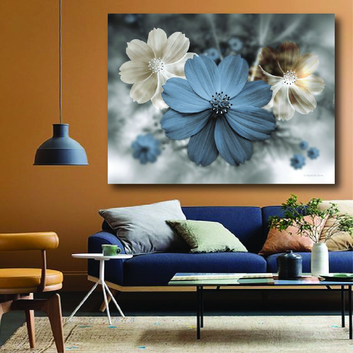 Abstract Modern Flower, Wall Art Poster, Large Blue Botanical Flower ...