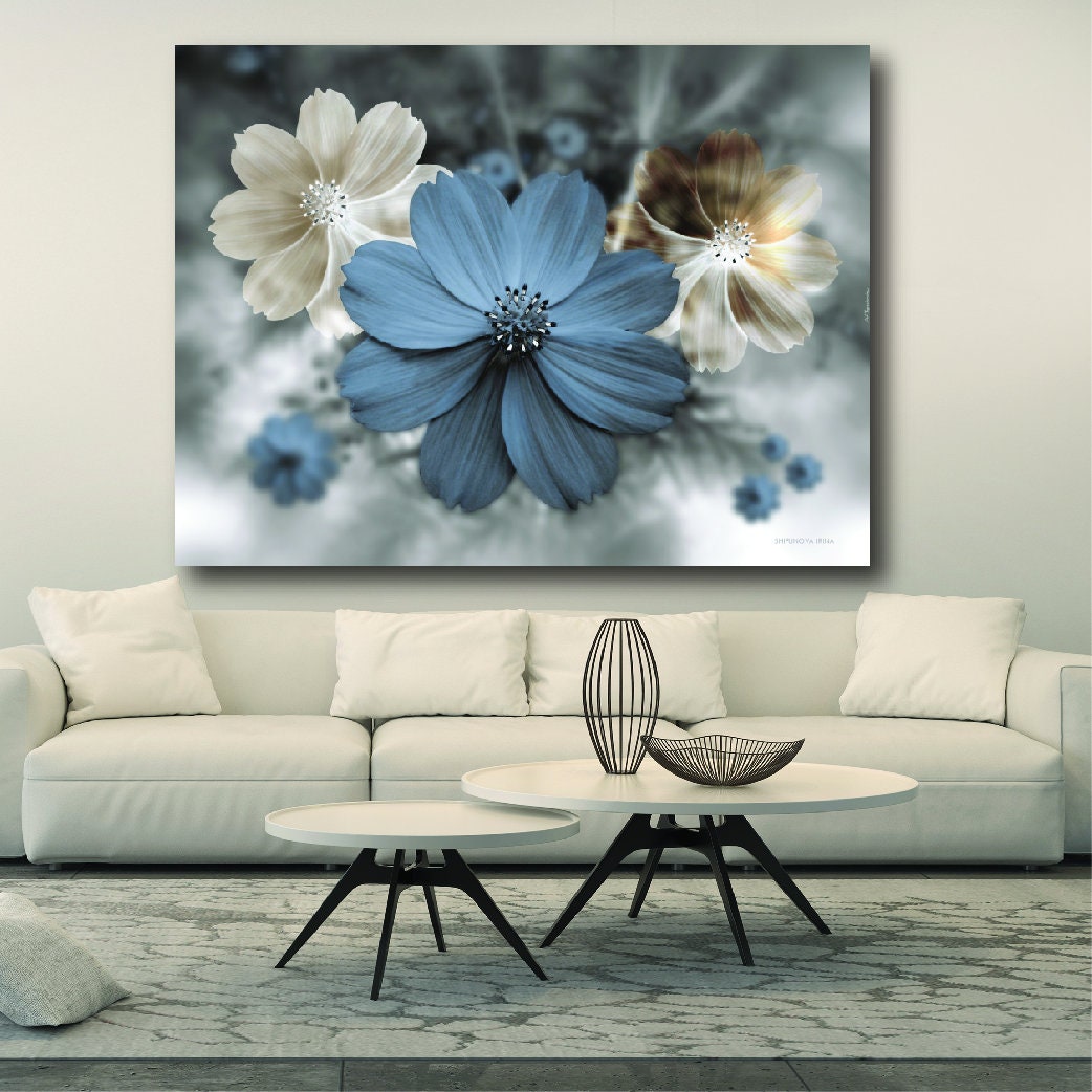 Abstract Modern Flower, Wall Art Poster, Large Blue Botanical Flower ...