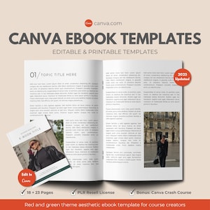 May include: A red and green ebook template with the text "CANVA EBOOK TEMPLATES" in a white box at the top. The template is for course creators and includes 18 to 23 pages. The template is editable and printable. The text "2025 Updated" is in a red circle at the top right corner of the image.