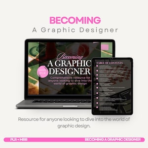 Op de afbeelding: Een laptopcomputer die een grafisch ontwerp cursus toont met de titel "Becoming a Graphic Designer". De cursus wordt beschreven als een uitgebreide bron voor iedereen die de wereld van grafisch ontwerp wil verkennen. Naast de laptop is een tabletcomputer te zien die een inhoudsopgave van de cursus weergeeft.