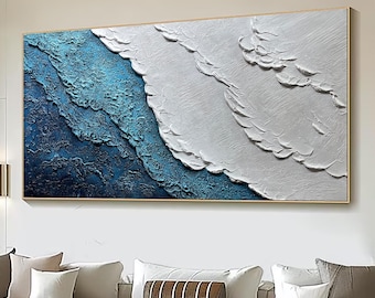 3D Blue Minimalist Beach Painting Textured Wall Art Ocean Wave Painting on Canvas Wabi-Sabi Wall Art Living Room Painting Fashion Decor