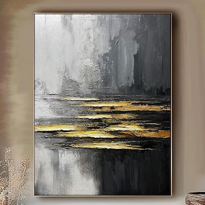 Large Black Wall Art Black & Gold Abstract Minimalist Paining Wabi Sabi Wall Art Gold Leaf 3D Texture Painting on Canvas Boho Texture Canvas