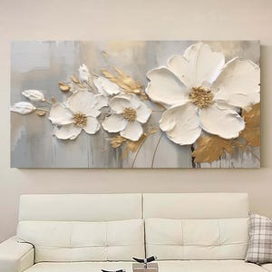 Original Flower Painting on Canvas Textured Wall Art Neutral Tone Custom Wall Art Floral Painting Modern Art Fancy Living Room Wall Art