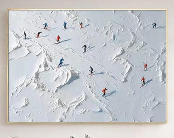Original 3D Ski Sport Canvas Painting Winter Decor Texture Personalized Gift For Skier on Snowy Mountain Art White Snow Skiing Wall Decor