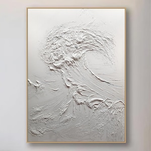 White 3D Minimalist Beach Painting Textured Wall Art Ocean Wave Painting on Canvas Wabi-Sabi Wall Art Living Room Painting Fashion Decor