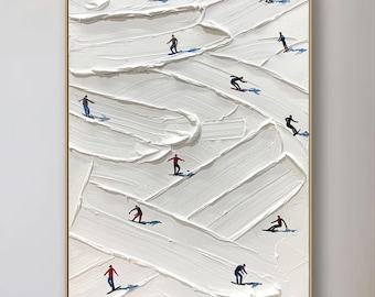 Original Ski Sport Painting on Canvas Custom Painting Texture Wall Art Personalized Gift Skier on Snowy Mountain Art White Snow Skiing Art