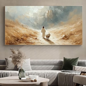 Christian Minimalist Wall Art Inspirational Warm Tones Jesus Painting on Canvas Religious Art Spiritual Canvas Living Room Serene Wall Art
