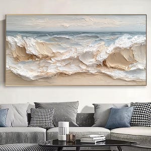 Original 3D Textured Ocean Wall Art Large Plaster Style Beach Painting on Canvas Earth Tone Wave Decor Unique Wabi-sabi Living Room Wall Art