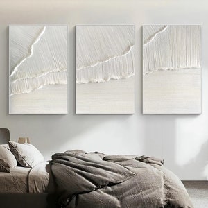 3D Original White Minimalist Textured Wall Art Triptych Ocean Wave Painting on Canvas Neutural Tone Wabi-Sabi Wall Art Living Room Painting