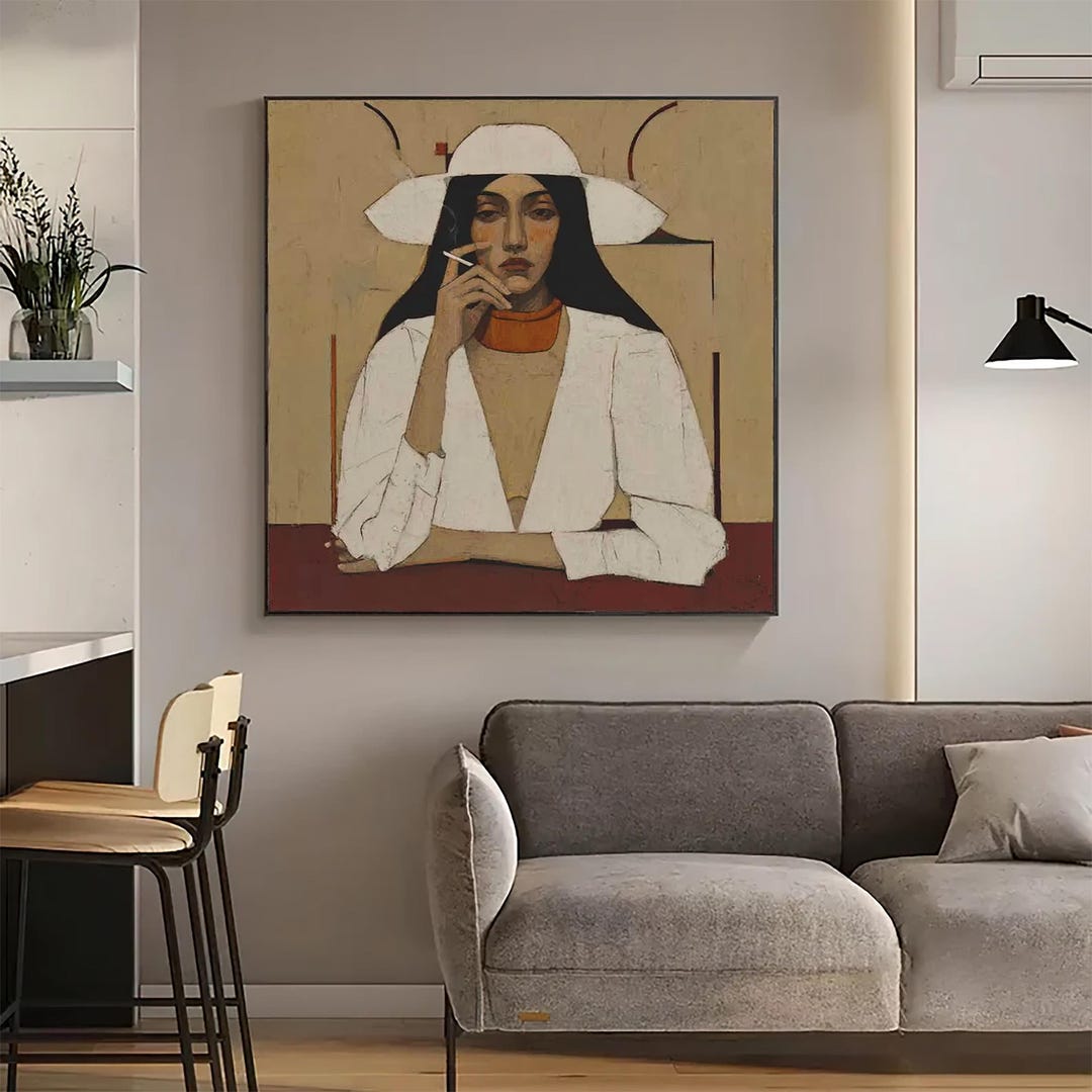 Square Minimalist Oil Painting Abstract Woman Painting Beige Portrait ...