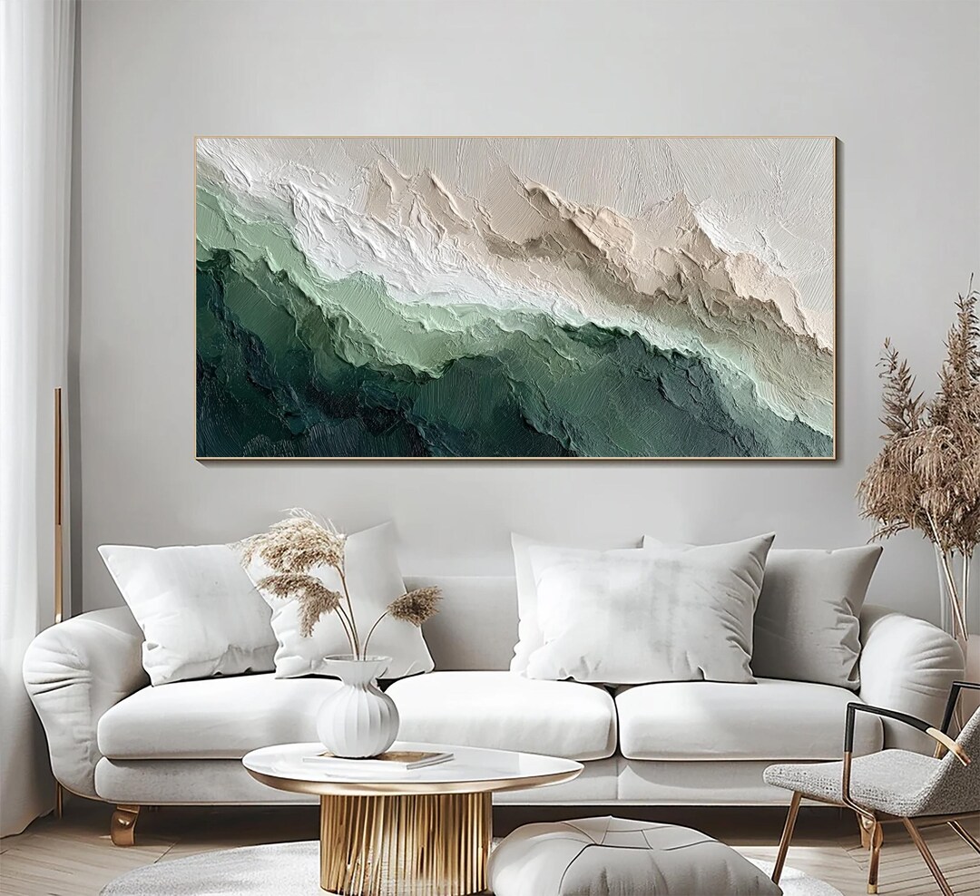 Large 3D Green Beige Minimalist Beach Painting Textured Wall Art Ocean ...