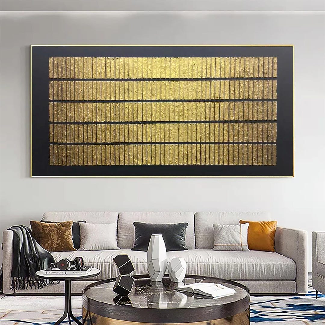 Black Gold 3D Texture Painting on Canvas Large Gold Minimalist Wall Art ...