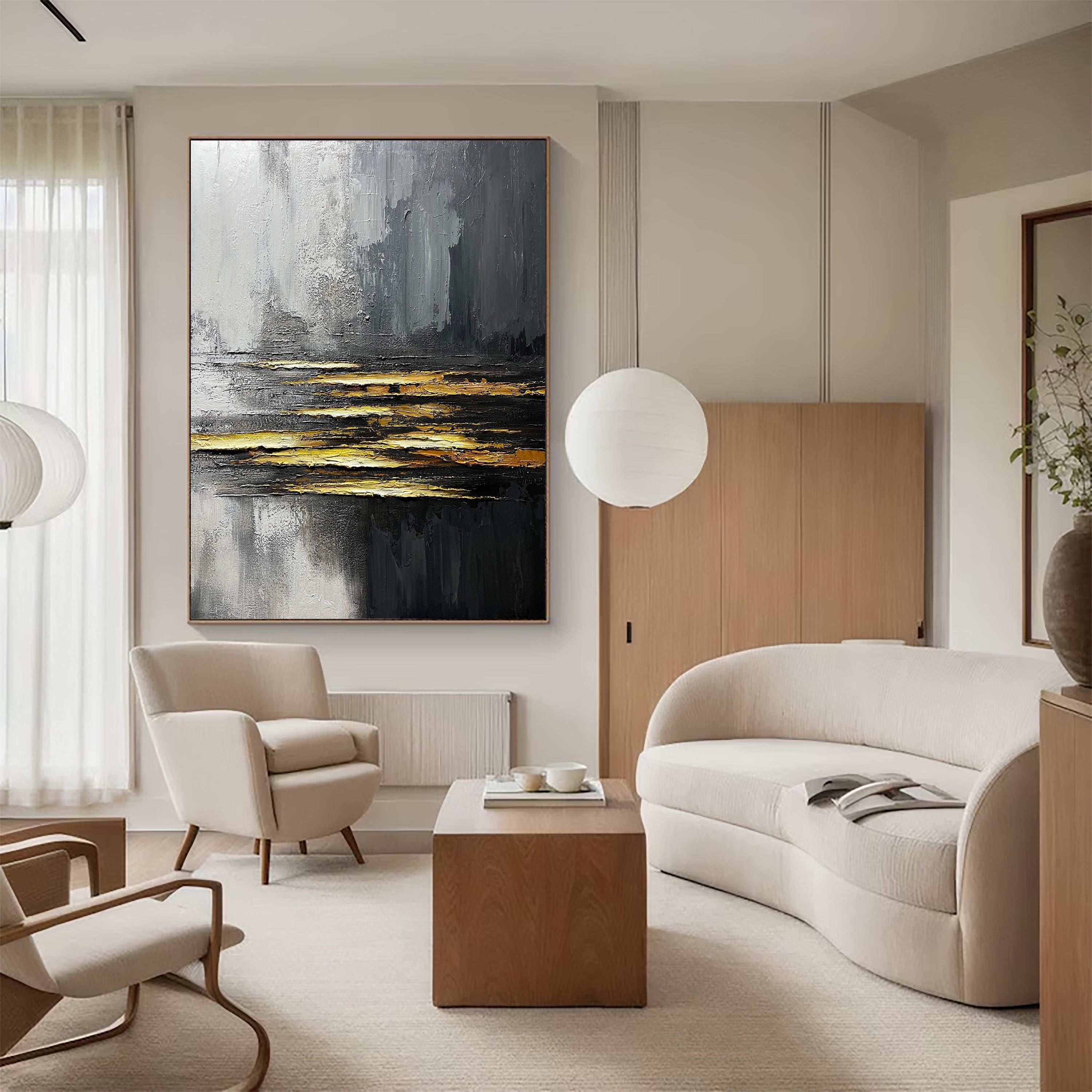 Large Black Wall Art Black & Gold Abstract Minimalist Paining Wabi Sabi ...