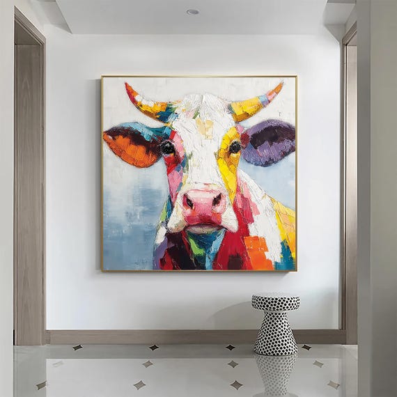 Large 3D Colorful Cow Texture Wall Art, Original Painting On Canvas, Extra Large Square Wall Art Framed, Farmhouse Cattle Cow Wall Art