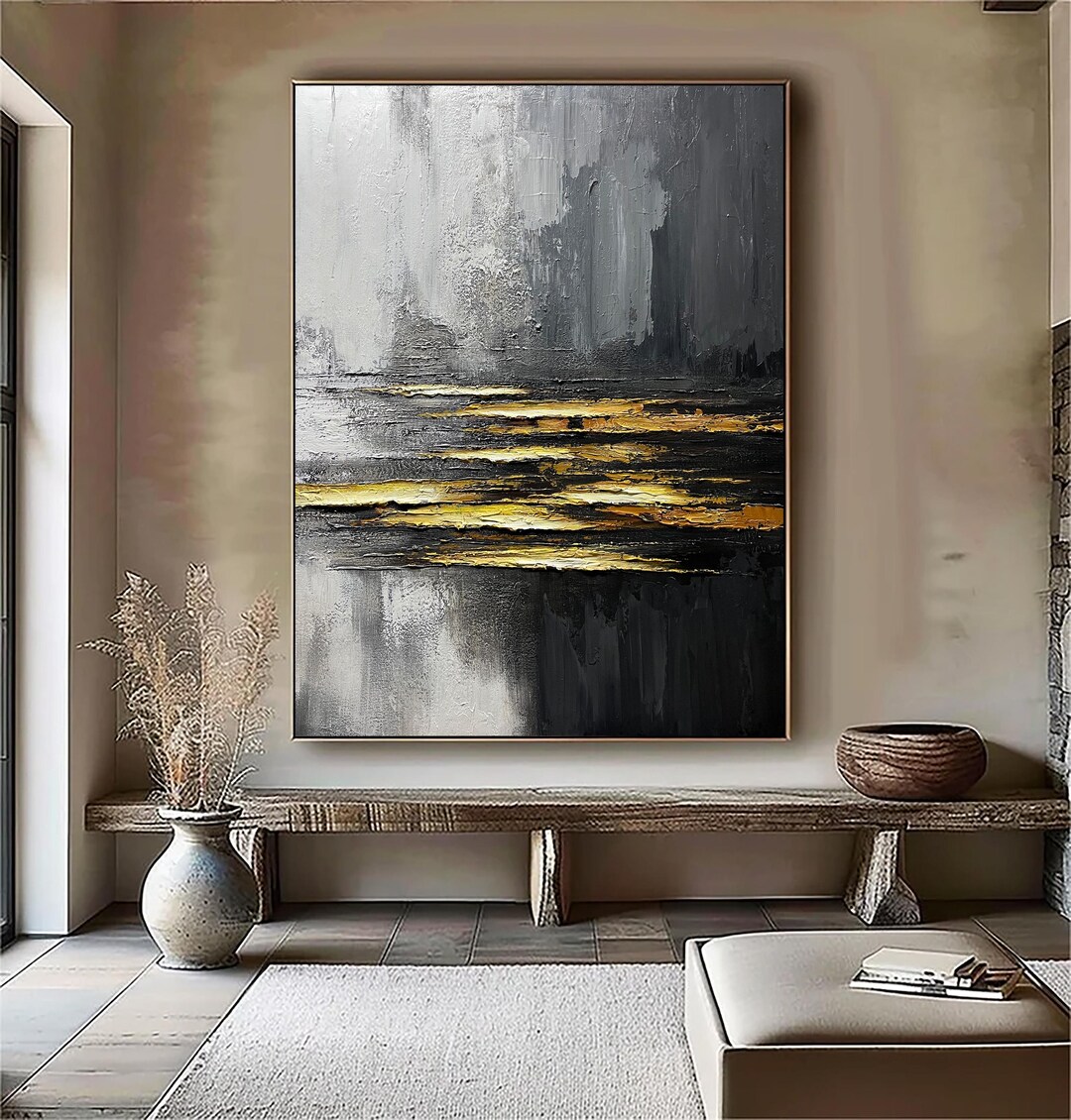 Large Black Wall Art Black & Gold Abstract Minimalist Paining Wabi Sabi ...