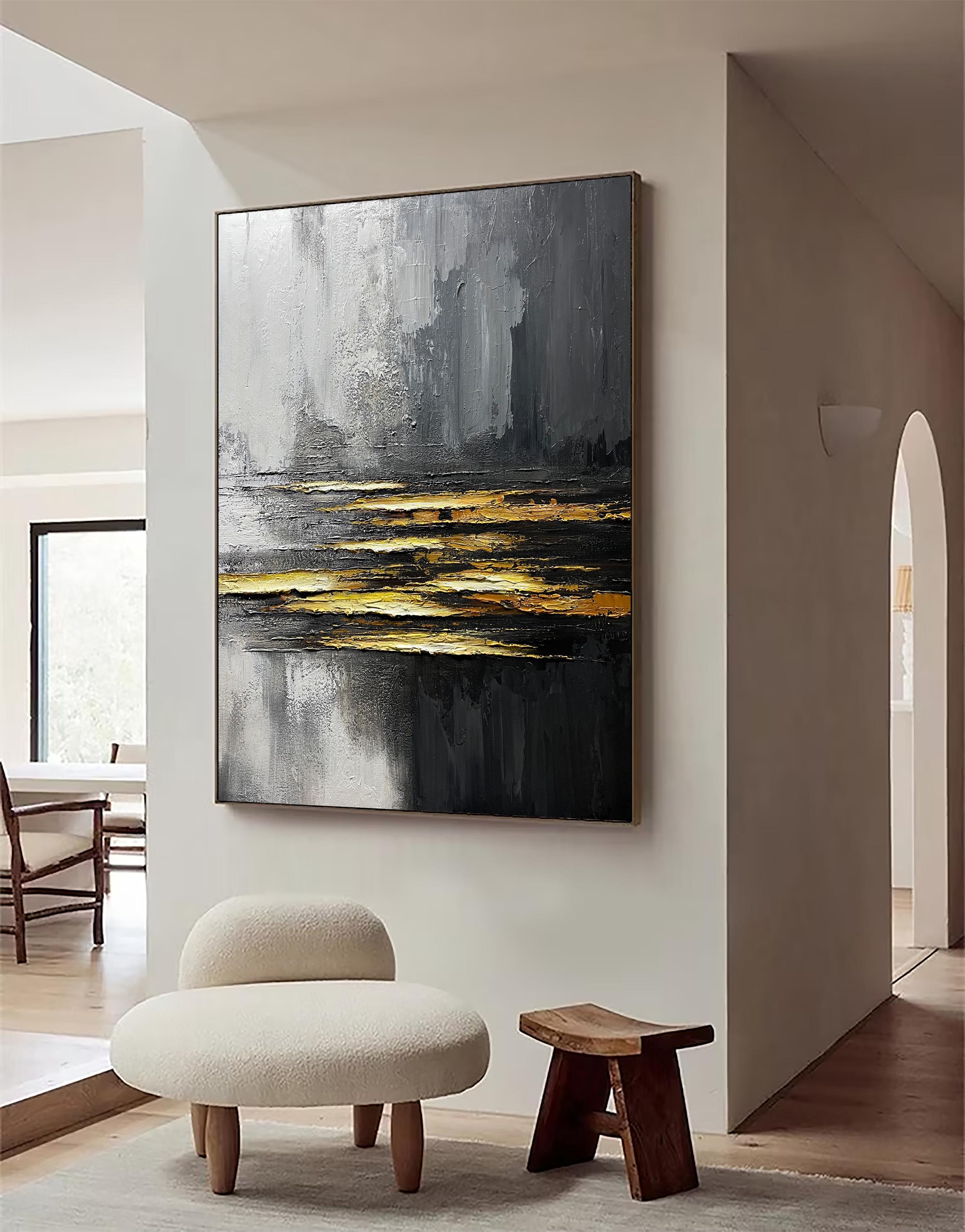 Large Black Wall Art Black & Gold Abstract Minimalist Paining Wabi Sabi ...