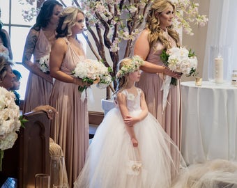 As Seen in Ceremony Magazine San Diego, Blush Satin, Flower Girl Dress, Floor Length, oliviakate.com, Full Length, Formal Wedding, Spring