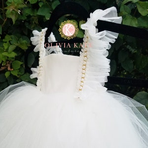 Pearl Flower Girl Dress, Tulle Tutu Dresses, Weddings, V Back Plunge, Flutter Sleeve, Tea Length Dress, Toddler Dress, Pearls Embellished