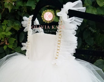 Pearl Flower Girl Dress, Tulle Tutu Dresses, Weddings, V Back Plunge, Flutter Sleeve, Tea Length Dress, Toddler Dress, Pearls Embellished