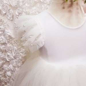 Handmade Pearl Flutter Sleeve Flower Girl Dress: Ivory Tulle
