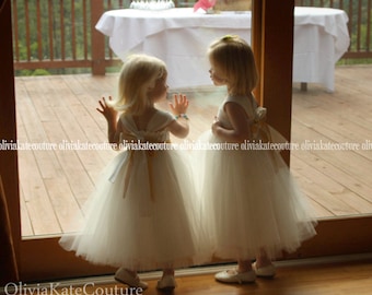 Flower Girl Dress Rustic Ivory Tulle, Country Beach Wedding Sweetheart Bodice, Tea Ankle Floor Length, Handmade USA