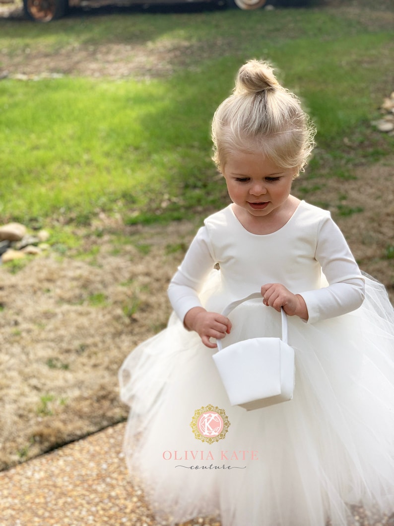 Simple flower girl dress with Long Sleeves slow fashion Ivory flower girl dress Ivory tulle dress girls dress minimalist dress image 1