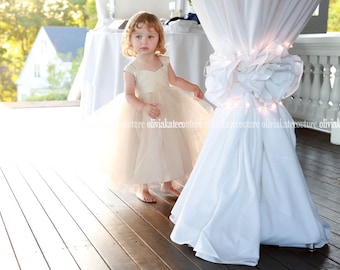 Champagner Tüll Blumenmädchen Kleid: Handgemachte Baumwolle Mieder Hochzeit Outfit