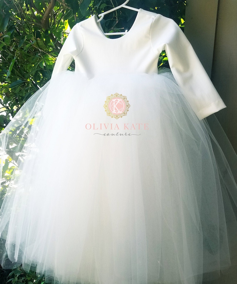 Simple flower girl dress with Long Sleeves slow fashion Ivory flower girl dress Ivory tulle dress girls dress minimalist dress image 7