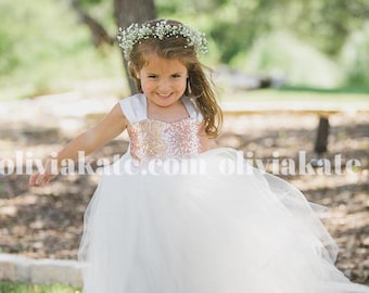 Gold Sequin Flower Girl Party Dresses, Tulle Gown, Formal Dress, Ivory, White, Wedding Baby, Rose Gold, Princess Toddler Portraits Dress