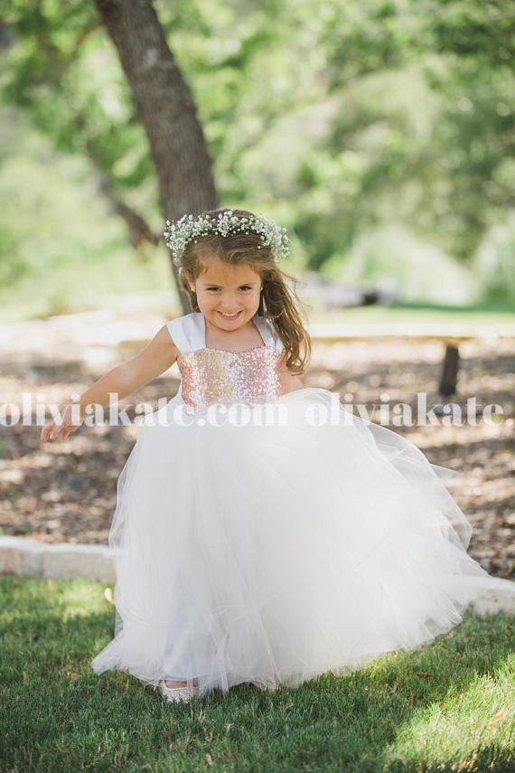 Gold Sequin Flower Girl Party Dresses Tulle Gown Formal -  UK