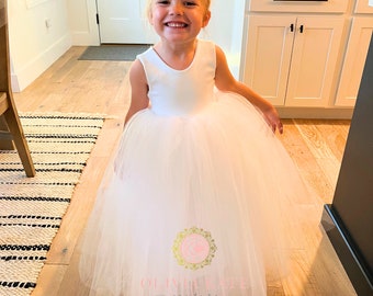 Hergestellt in den USA | Bodenlanges Blumenmädchen-Tüll-Babykleid | weißes Blumenmädchen-Kleinkindkleid | Elfenbeinkleid | Mädchenkleid | handgemachtes Kleid | formell