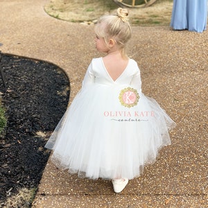 Simple flower girl dress with Long Sleeves slow fashion Ivory flower girl dress Ivory tulle dress girls dress minimalist dress image 3