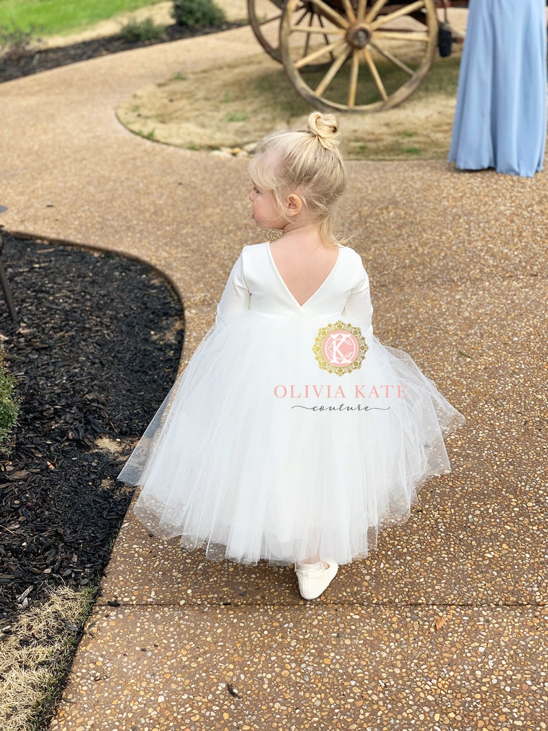 Simple flower girl dress with Long Sleeves slow fashion Ivory flower girl dress Ivory tulle dress girls dress minimalist dress image 3