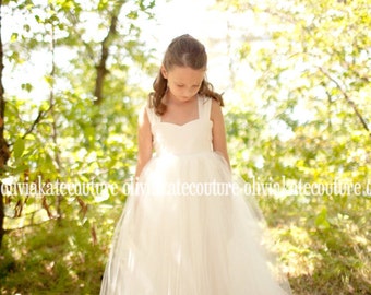 Ivory Tüll Blumenmädchen Kleid: Bodenlanges Prinzessin Tutu, handgefertigt in den USA