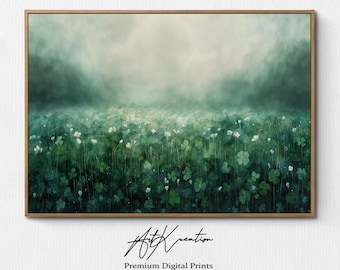 Kleeblumen Feld Landschaft Malerei, Vintage Muted Meadow Wildblumen Druck, Frühling Feld Wand Kunst, Aquarell, digitaler Download, druckbar