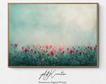 Kleeblumen Blühend Feld Landschaft Malerei, Vintage Muted Wildblumen Druck, Frühling Wand Kunst, Aquarell, digitaler Download, druckbar