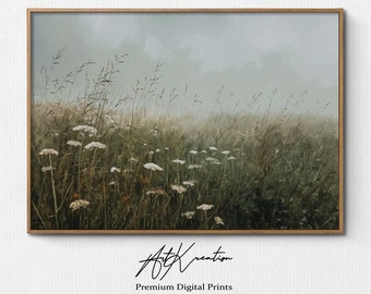 Druckbare Wildblumen Feld Landschaft, Ölgemälde, Land Landschaft Kunstdruck, Vintage, Wandkunst, Digitaler Download