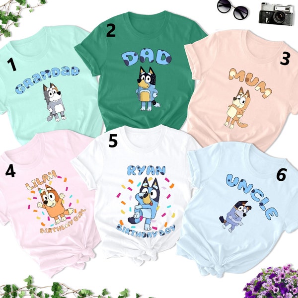 Personalized Blue Dog Family Matching Shirts, Custom Cartoon Dog Birthday Party Shirts, Custom Dog Group Shirts, Dog Character T-Shirts