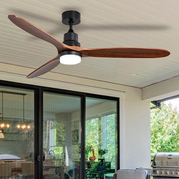 60″ Matt black ceiling fan with light Modern pendant light Mid century style ceiling fan Brown wood chandelier lighting for kitchen, patio