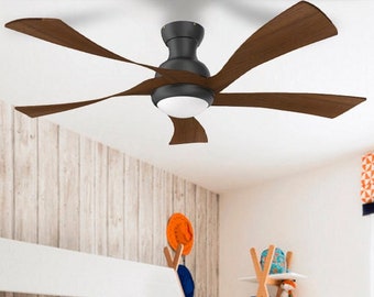 52″ Smart ceiling fan with light Flush mount ceiling fan  Modern pendant light 3 Wood Blade Hand Carved wood chandelier with Remote control