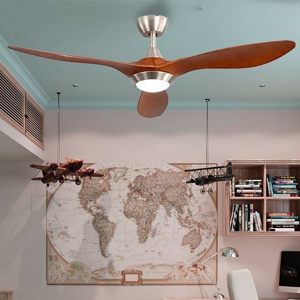 52″ Modern ceiling fan with light and remote control Downrod Ceiling Fans Wood chandelier lighting for kitchen, patio, bedroom , bathroom