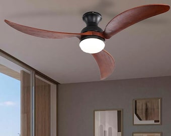 52″ Smart ceiling fan with light Flush mount ceiling fan  Modern pendant light 3 Wood Blade Hand Carved wood chandelier with Remote control