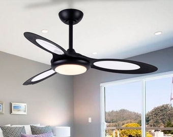 44″ Contemporary Ceiling fan with light and remote Modern pendant light ABS chandelier Lighting for kitchen Retractable black ceiling fans