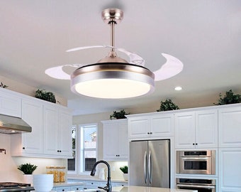 42″ Ceiling Fan with lights & music Modern pendant light ABS chandelier Lighting for kitchen Retractable brown ceiling fans