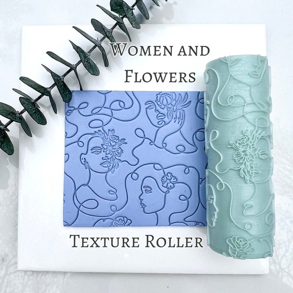 Women Face Art Texture Roller with Flowers for Clay Makers Pretty Line Art Woman Face Pattern for Polymer Clay Beautiful Feminine Texture