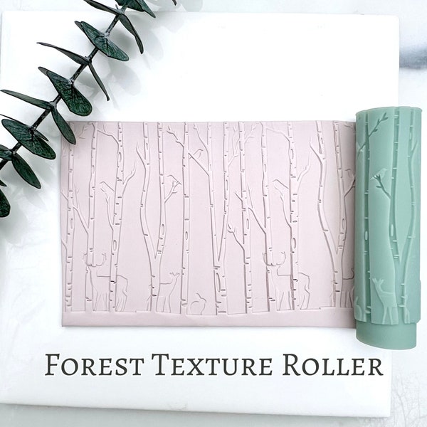 Forest Texture Roller Woodland Creatures Clay Texture Birch Trees Roller Deer Texture Rabbit Birds in Trees Texture Roller for Polymer Clay